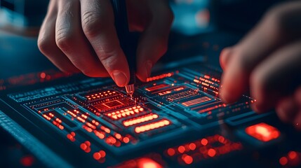 Naklejka premium Technician Connecting Advanced Wiring in Sleek High Tech Environment