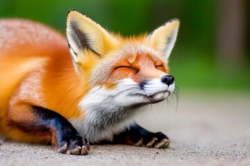Fototapeta premium A close-up of a content fox, eyes closed and basking in sunlight, showcasing its vibrant orange fur and playful expression.