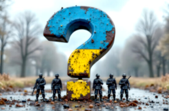 Ukrainian soldiers stand by a large question mark symbolizing uncertainty in the conflict with Russia. Blurred picture - Powered by Adobe