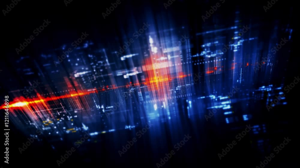 Fototapete Futuristic data matrix simulation featuring metaverse-inspired elements, an information network, and hi-tech digital data telemetry with encrypted numbers. A dynamic background for computer display