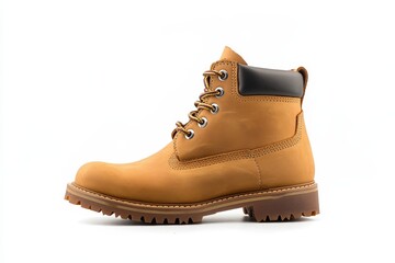 Tan leather work boot isolated on white background.