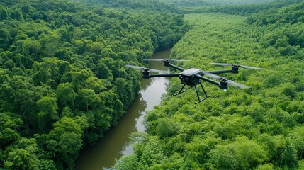 Exploring the Intersection of Nature and Innovation: A Drone Over a Scenic Forest River Captures the Future of Technology and Environmental Observation