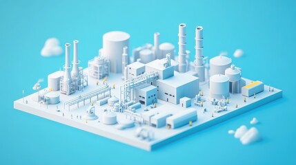A creative white paper cutout-style illustration of an industrial plant, workers, and equipment in an isometric view, with a peaceful blue background for contrast.