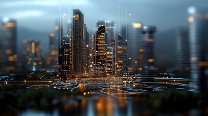 Naklejka premium Exploring the Sparkling Vibrance of City Lights Under the Influence of Artificial Intelligence and Technological Innovation
