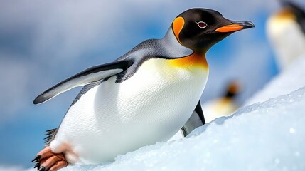 Fototapeta premium A close-up of a penguin on ice, showcasing its distinctive black and white plumage and vibrant orange accents against a snowy backdrop.