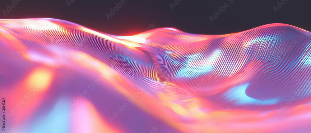 Poster futuristic cityscape with vibrant digital waves and technology banner featuring empty space
