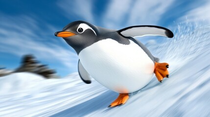 Obraz premium A playful penguin slides across the snow, showcasing its distinctive black and white plumage against a bright, dynamic background.