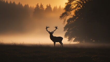 Shadow of a deer at sunset in a foggy forest landscape.