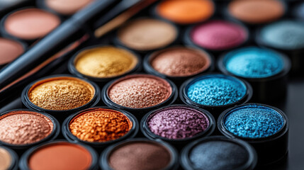 A close-up of a professional eyeshadow palette featuring vibrant shimmery shades of gold, blue, bronze, and purple, highlighting rich pigmentation and luxurious textures.