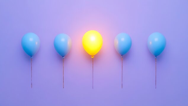 Glowing yellow balloon among blue balloons on purple background.