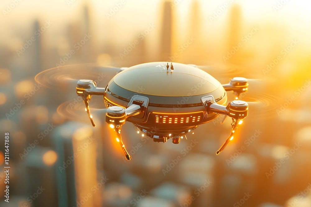 Poster futuristic drone hovering above smart city scanning with beams of light