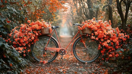 Fototapeta premium Autumnal Bicycle Dream: A Vintage Bike Adorned with Orange Flowers in a Misty Forest Path