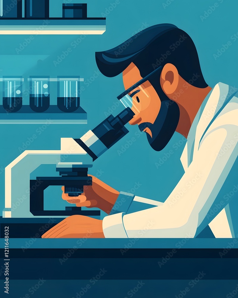 Poster scientist examining samples in high tech laboratory