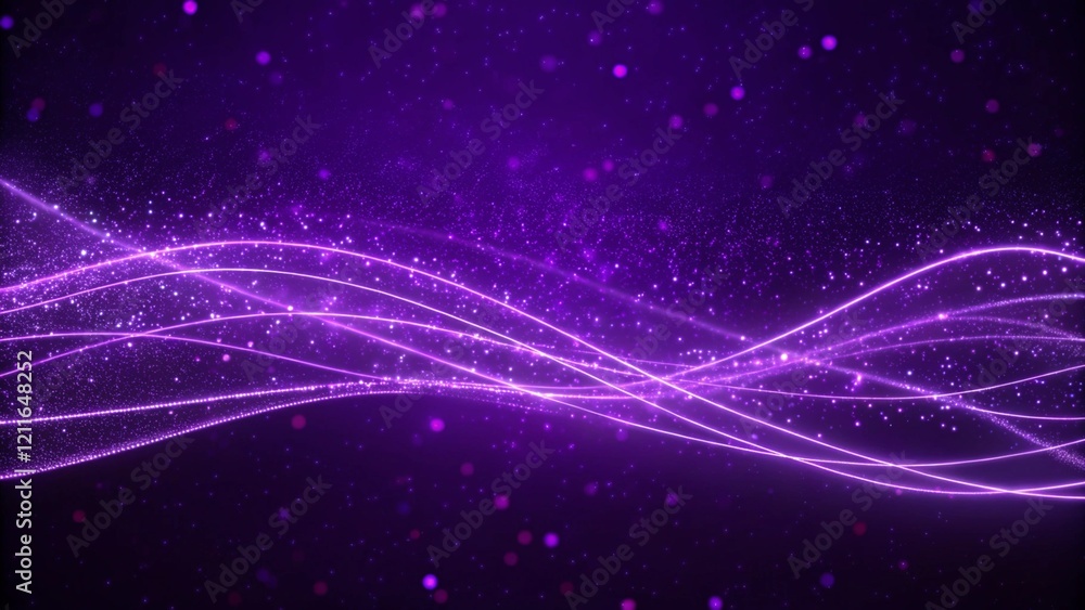 Poster digital purple particles wave and light abstract background with shining dots stars, futuristic glow
