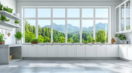 Fototapeta premium Modern kitchen, mountain view, sunlight, plants, design