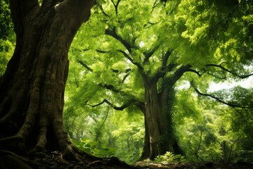 Fototapeta premium Majestic trees with vibrant green foliage create a tranquil atmosphere in a dense, untouched forest, illuminated by dappled sunlight