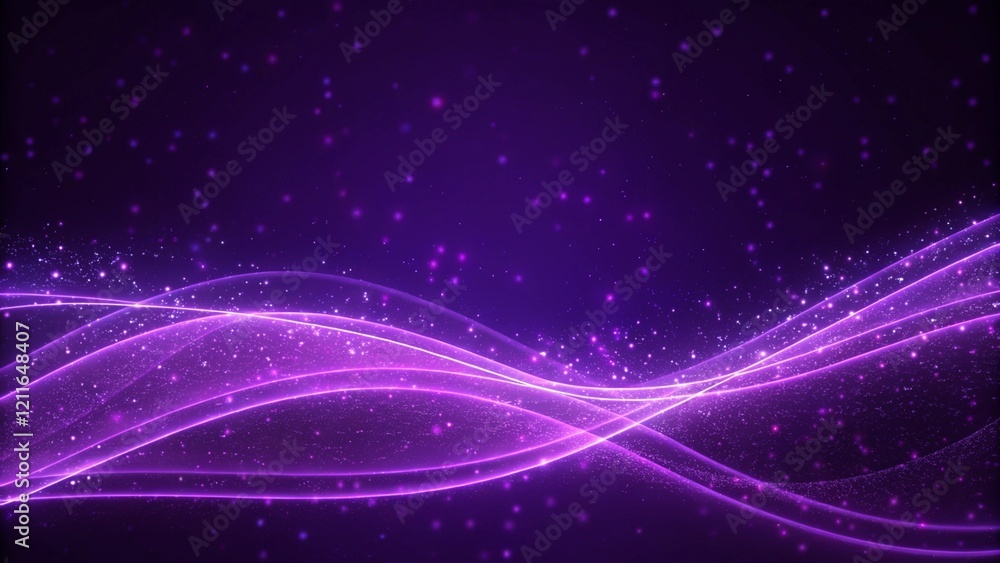 Aufkleber digital purple particles wave and light abstract background with shining dots stars, futuristic glow
