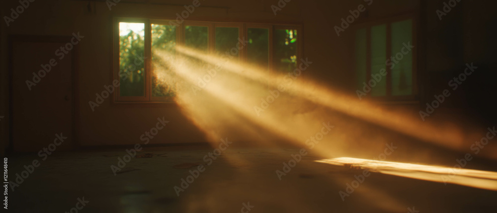 Aufkleber Dusty light rays filtering through windows create a dramatic atmosphere in an empty room