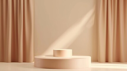 Minimalist Product Display with Beige Round Stage Podiums On a Beige Curtain Background With Sunlight.