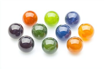 Fototapeta premium Colorful Decorative Glass Marbles in Various Shades on a White Background