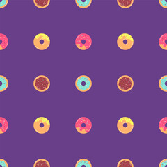 Fototapeta premium Seamless pattern with donuts of different sprinkle and toppings. Summer pattern with buns, bakery. Vector illustration for textile, covers, wallpapers, posters, wrapping, backgrounds, phone cases