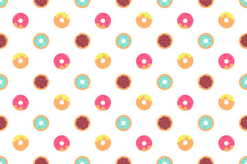 Donut Seamless Pattern. Set of Doughnuts with different glazes and sprinkles. Summer colorful Background with Buns, desserts, Bakery, cakes. Geometric Vector cover, banner, print, wrapping, wallpaper