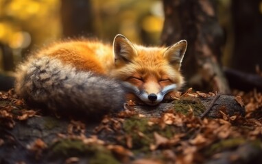 Naklejka premium Sleeping Fox in Autumn Forest