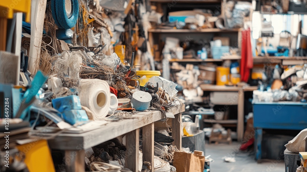 Poster a detailed image of an artisan shop where discarded materials are being repurposed for new creations