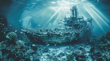 Sunbeams Illuminate Sunken Shipwreck Coral Reef