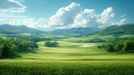 Fototapeta premium A breathtaking landscape of rolling green hills stretching into the distance under a bright blue sky with fluffy white clouds. The lush fields and trees create a peaceful and serene atmosphere. 