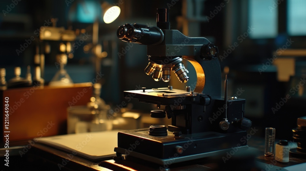 Poster A detailed shot of a professional microscope, softly illuminated to emphasize its accuracy and craftsmanship in a scientific setting.