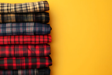 Colorful stack of plaid flannel shirts on a yellow background, flat lay.