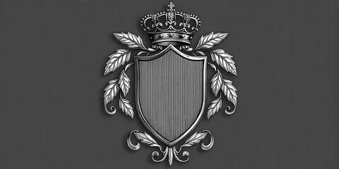 a heraldic shield with intricate leaf-like patterns surrounding it and a crown above.