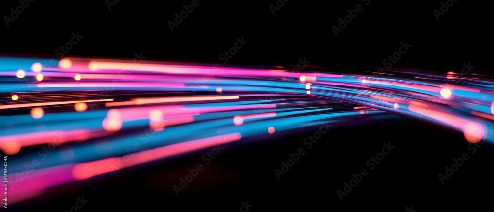 Poster Glowing fiber optic cables create vibrant network visualization and data transmission effect