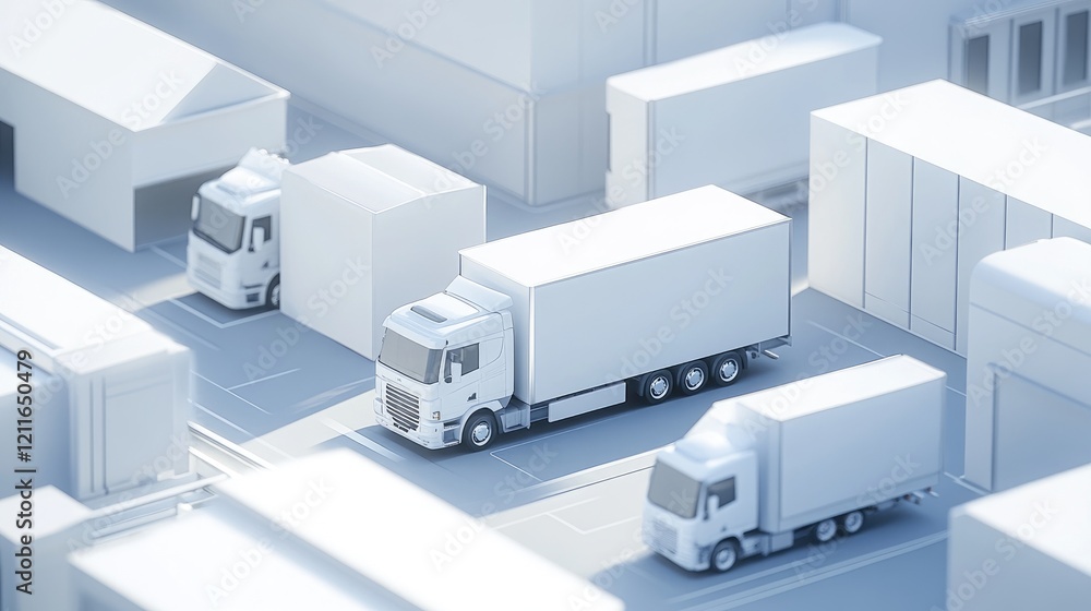 Poster a digital 3d model of a white modern factory area with logistics vehicles parked outside, highlighti