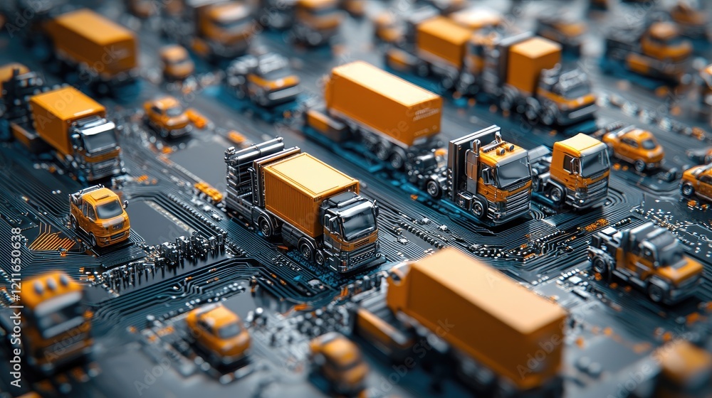 Poster a digital circuit board backdrop with miniature orange trucks scattered across it, symbolizing the m