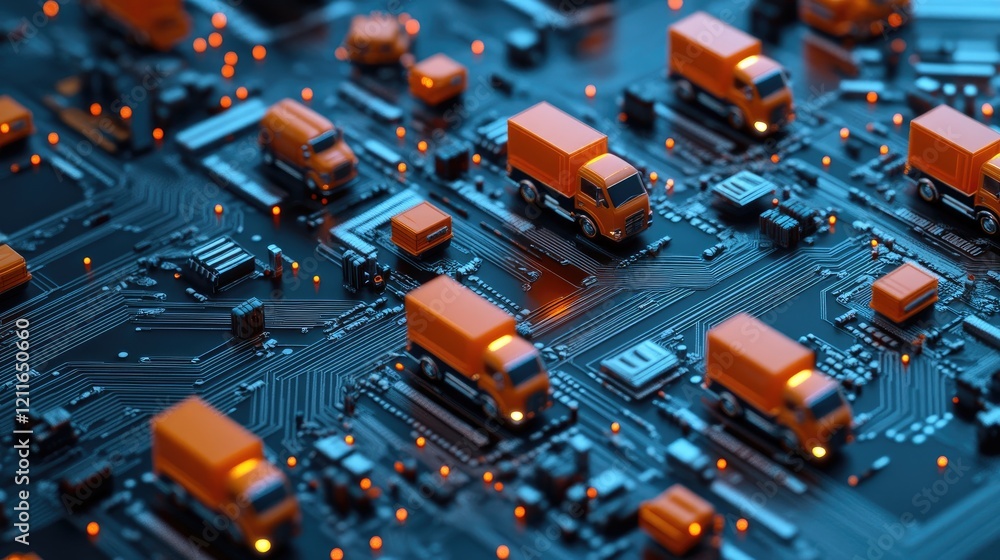 Poster a digital circuit board backdrop with miniature orange trucks scattered across it, symbolizing the m