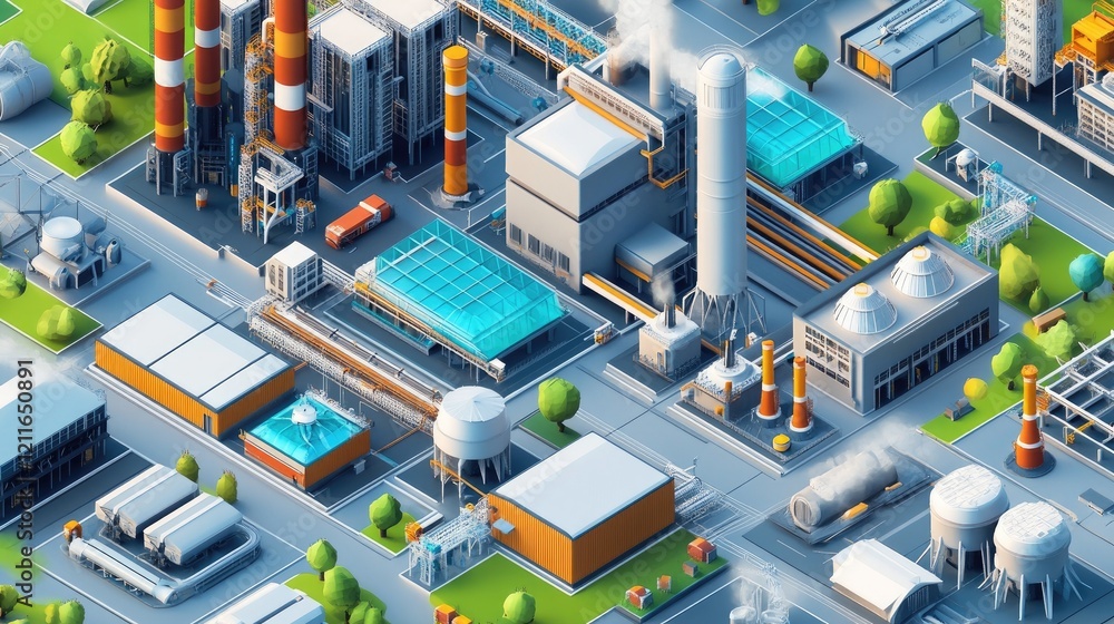 Poster a digital isometric view of a cutting-edge industrial complex with integrated sustainable technology
