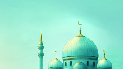Classic mosque background with sky blue to light green color gradation, striking gold dome with star and crescent moon ornaments, Ai generated images