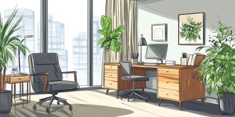 Fototapeta premium Modern Home Office Design With City View And Plants