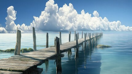 Tropical ocean pier, wooden planks, calm water, fluffy clouds, summer vacation