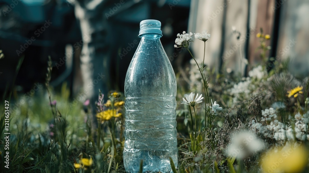 Poster a discarded transparent plastic bottle with a clear focus on recycling efforts to reduce environment