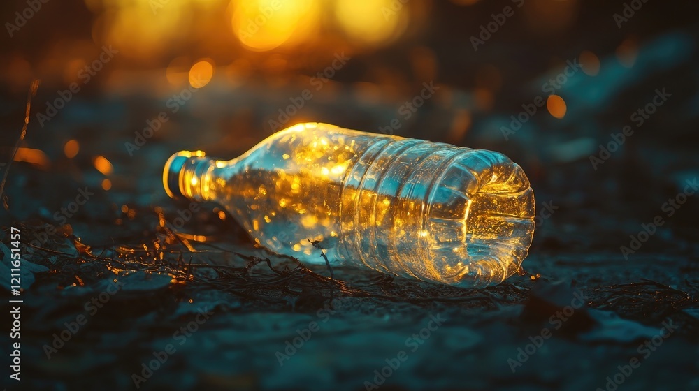 Poster a discarded transparent plastic bottle with a clear focus on recycling efforts to reduce environment