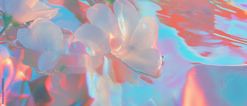 Poster holographic gradients blend with floral elements creating a seamless abstract backdrop