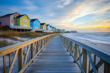 Obraz premium Wooden Boardwalk Along a Bay with Colorful Beach Views, Ideal for Scenic Walks
