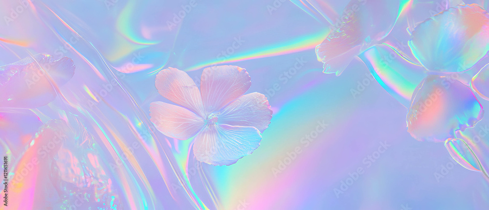 Poster holographic light beams create a vibrant floral background with an empty center space