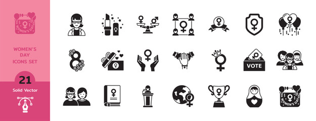 Obraz premium Set of womens day solid Icons. Glyph icons about feminism. Contains such icons as gender equality, women's rights and girl power.