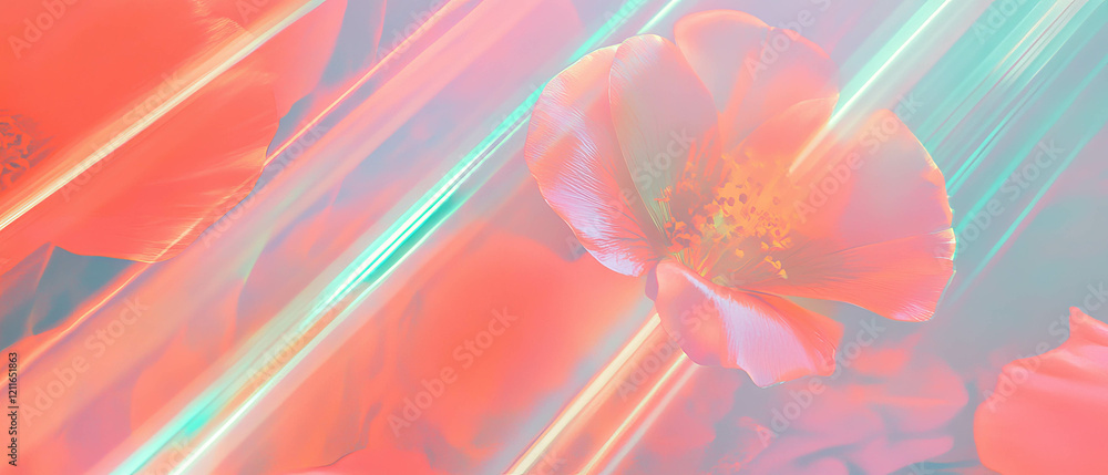 Poster holographic light rays illuminating abstract floral patterns in vibrant colors