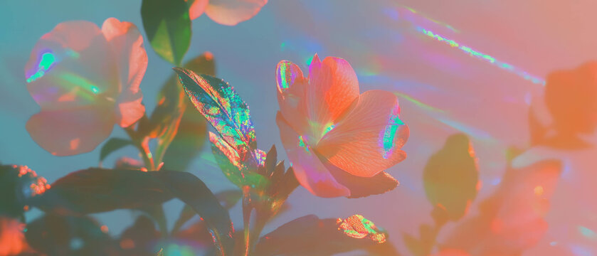 Nostalgic floral design with holographic light leaks enhancing abstract beauty