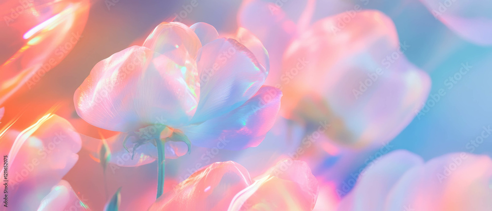 Poster holographic light trails and floral elements for dynamic design background